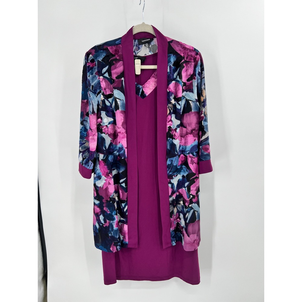 R&M Richards 2 Piece Dress Set Plum Floral Burnout Jacket 1518 Sz 14 NWT